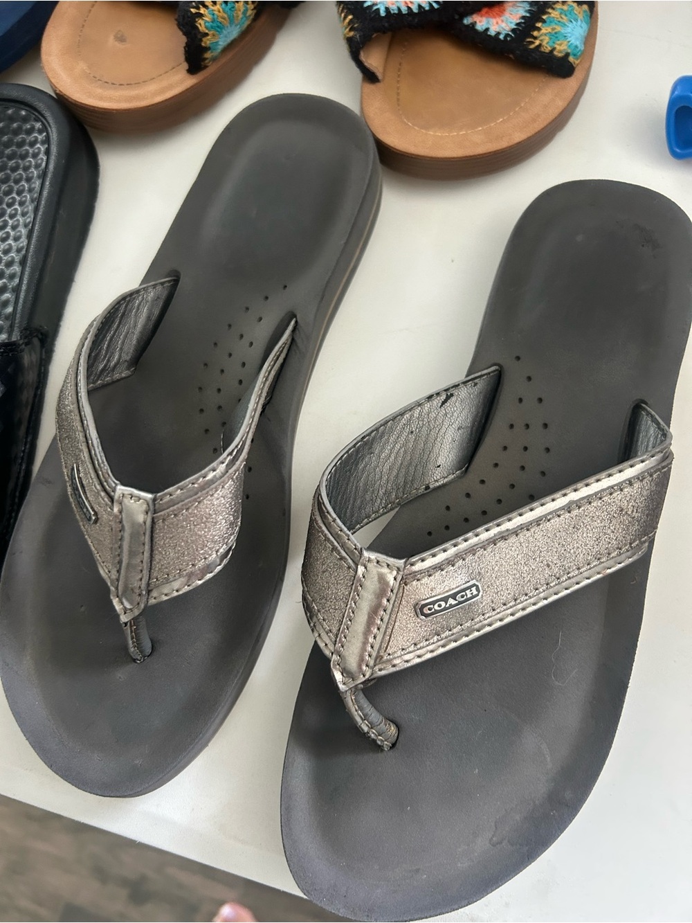 Coach Metallic Gunmetal Silver Leather Flip Flop Sandals